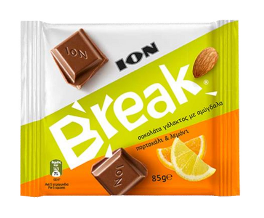 ION BREAK Milk Chocolate with Almonds, Orange and Lemon Pieces 85g